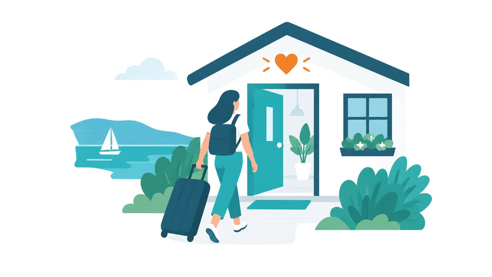  Illustration: Frau mit Koffer geht auf eine Ferienwohnung mit offener Tür zu, über der Tür ein Herz