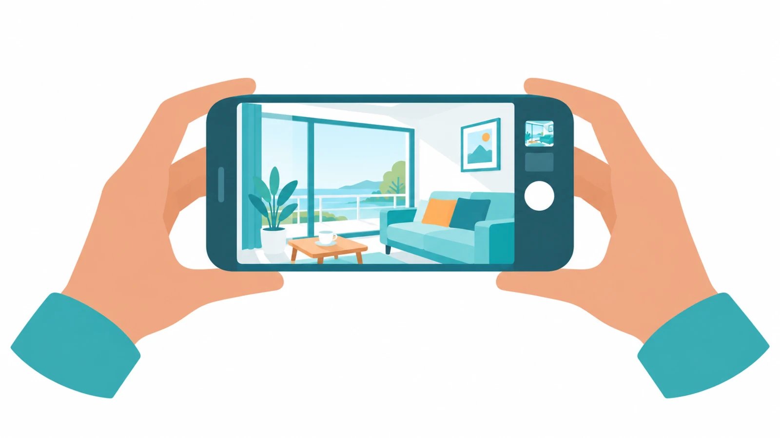 Illustration: Smartphone im Querformat fotografiert einen hellen Wohnraum mit Fenster, Sofa und Kaffeetasse
