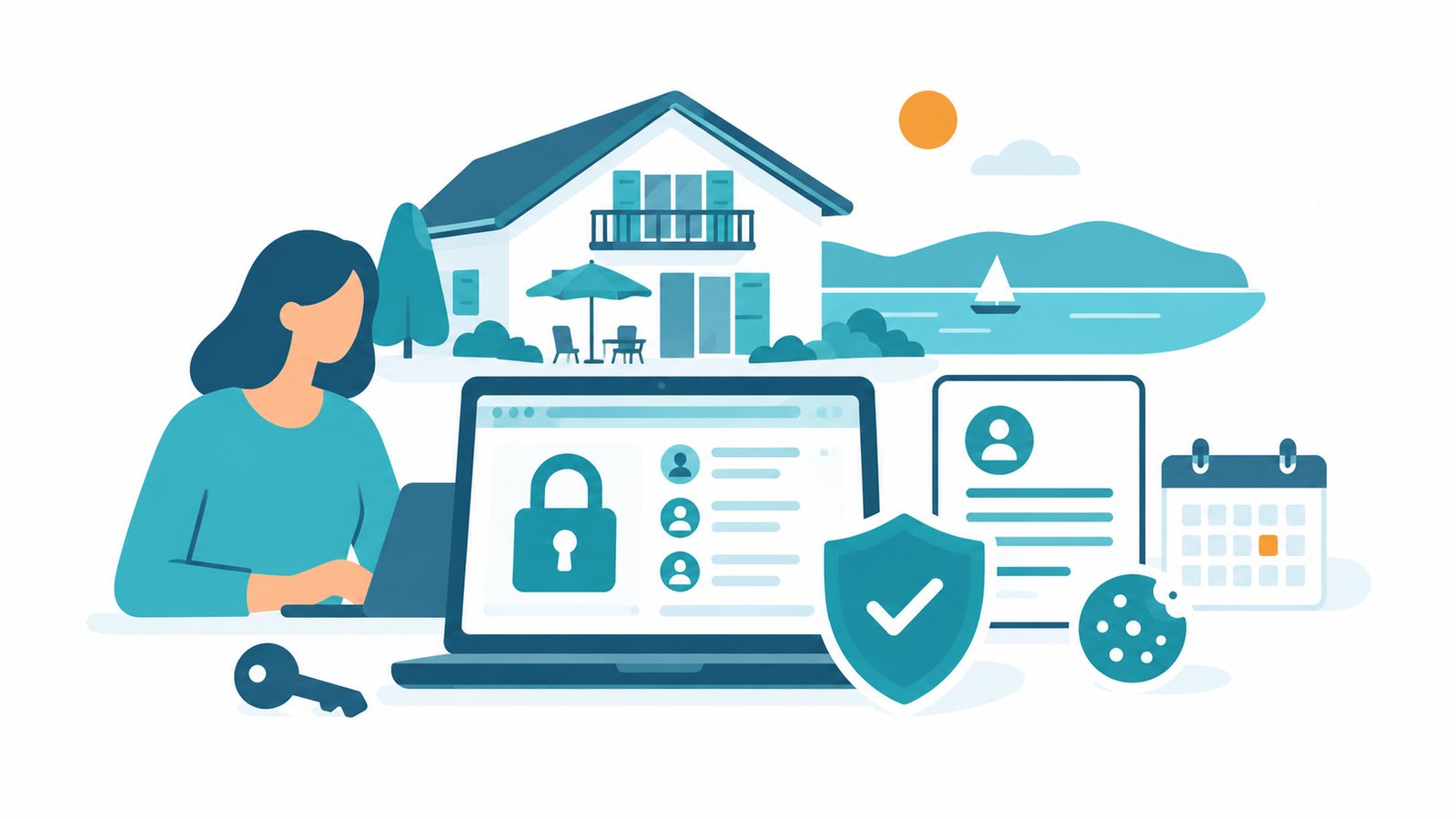  Illustration: Vermieterin am Laptop mit Schloss, Schutzschild und Cookie-Symbol vor einer Ferienwohnung