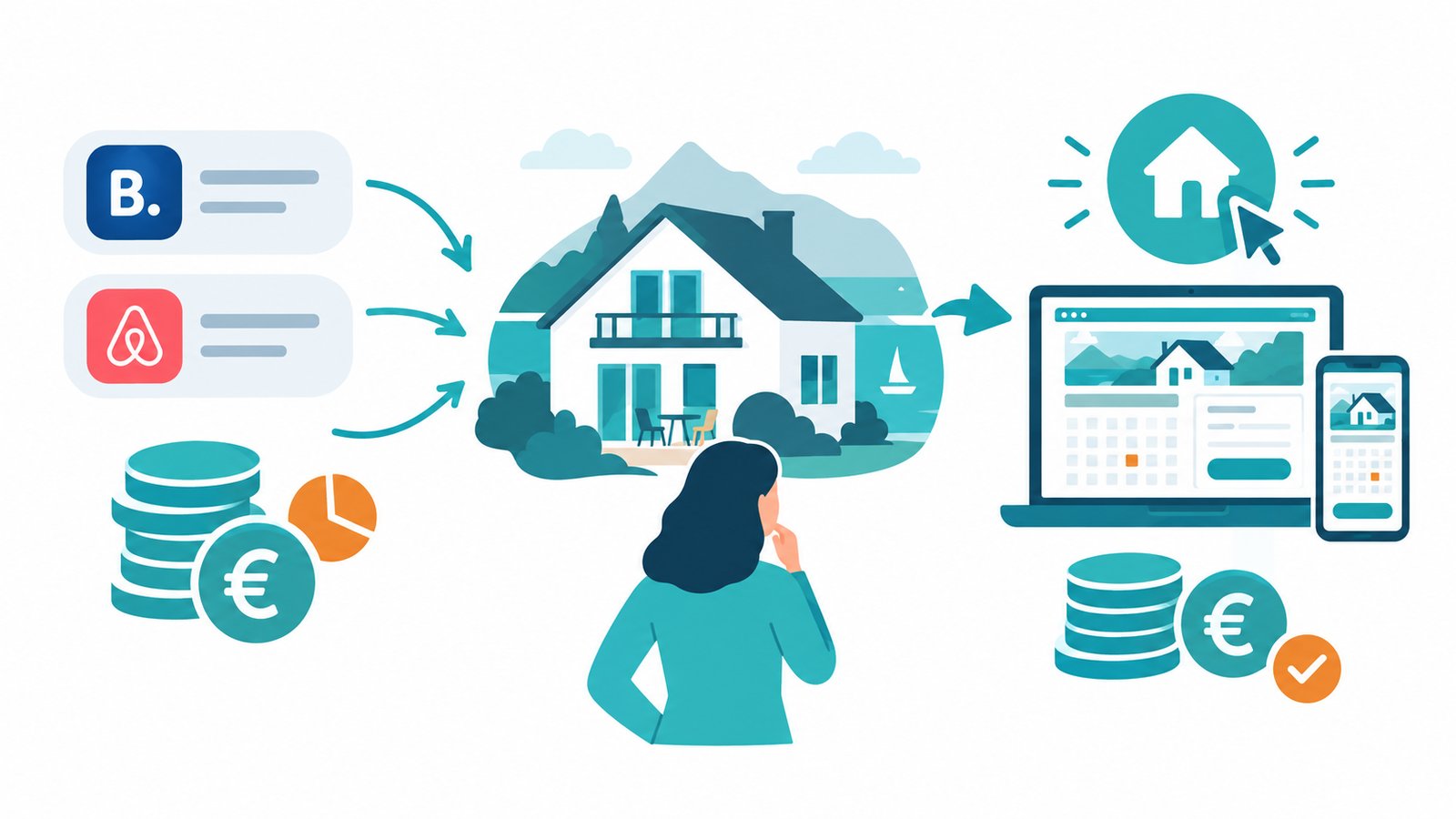 Illustration: host in front of her holiday apartment, two portal cards with a pie chart and coins on the left, her own website on laptop and phone on the right