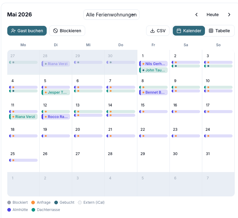 Availability calendar with bookings in May 2026