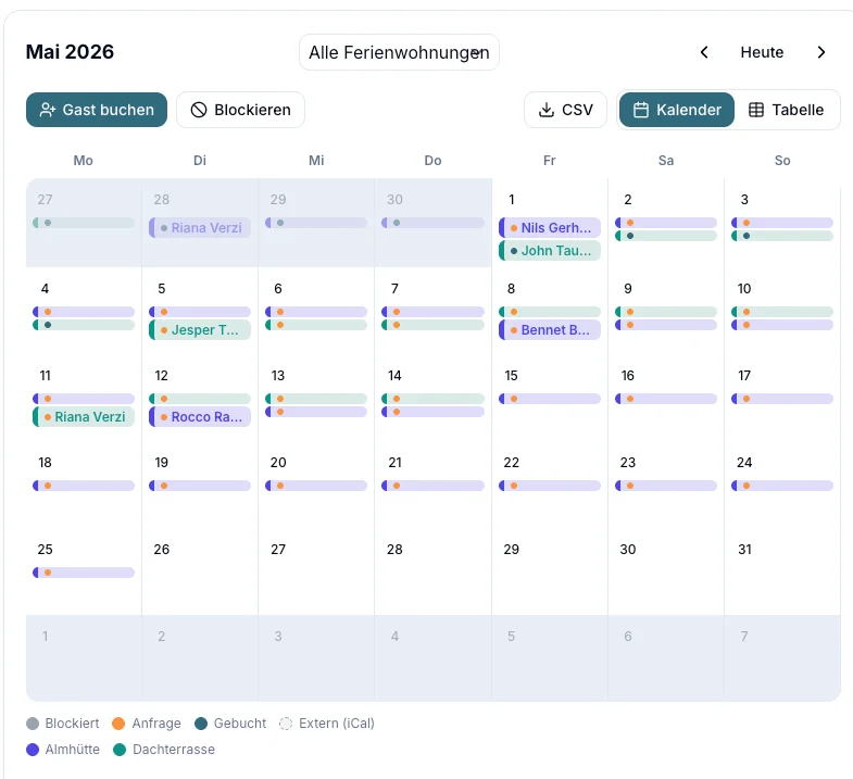 Availability calendar with bookings in May 2026