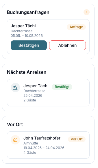 Booking requests, upcoming arrivals and current guests in the host portal
