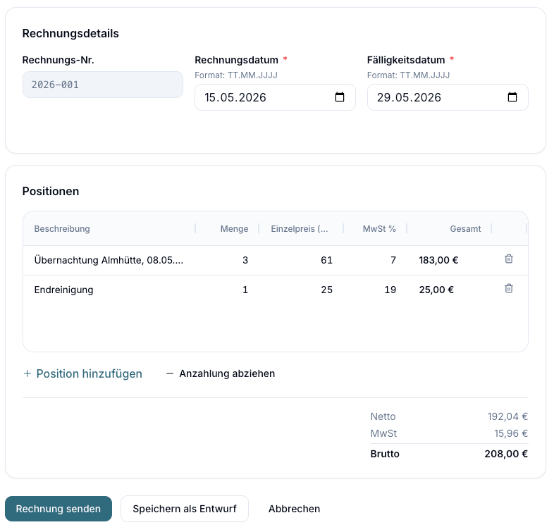 Create invoice: invoice details, line items and totals in the host portal