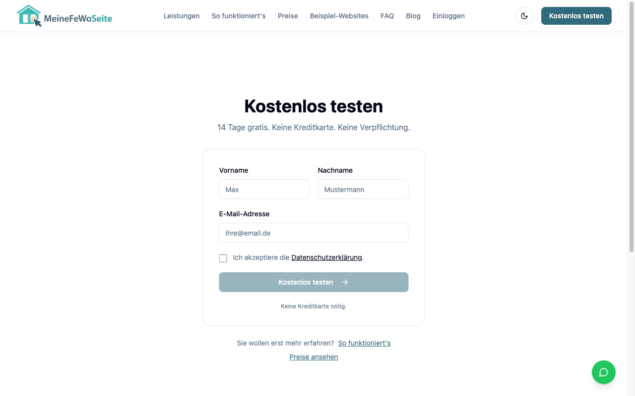 Screenshot of the registration form