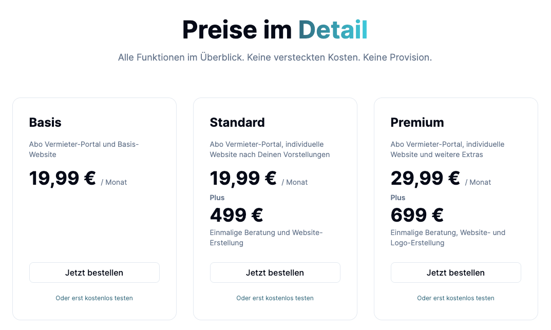 Screenshot of the pricing overview