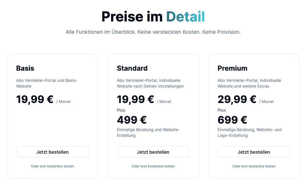 Screenshot of the pricing overview