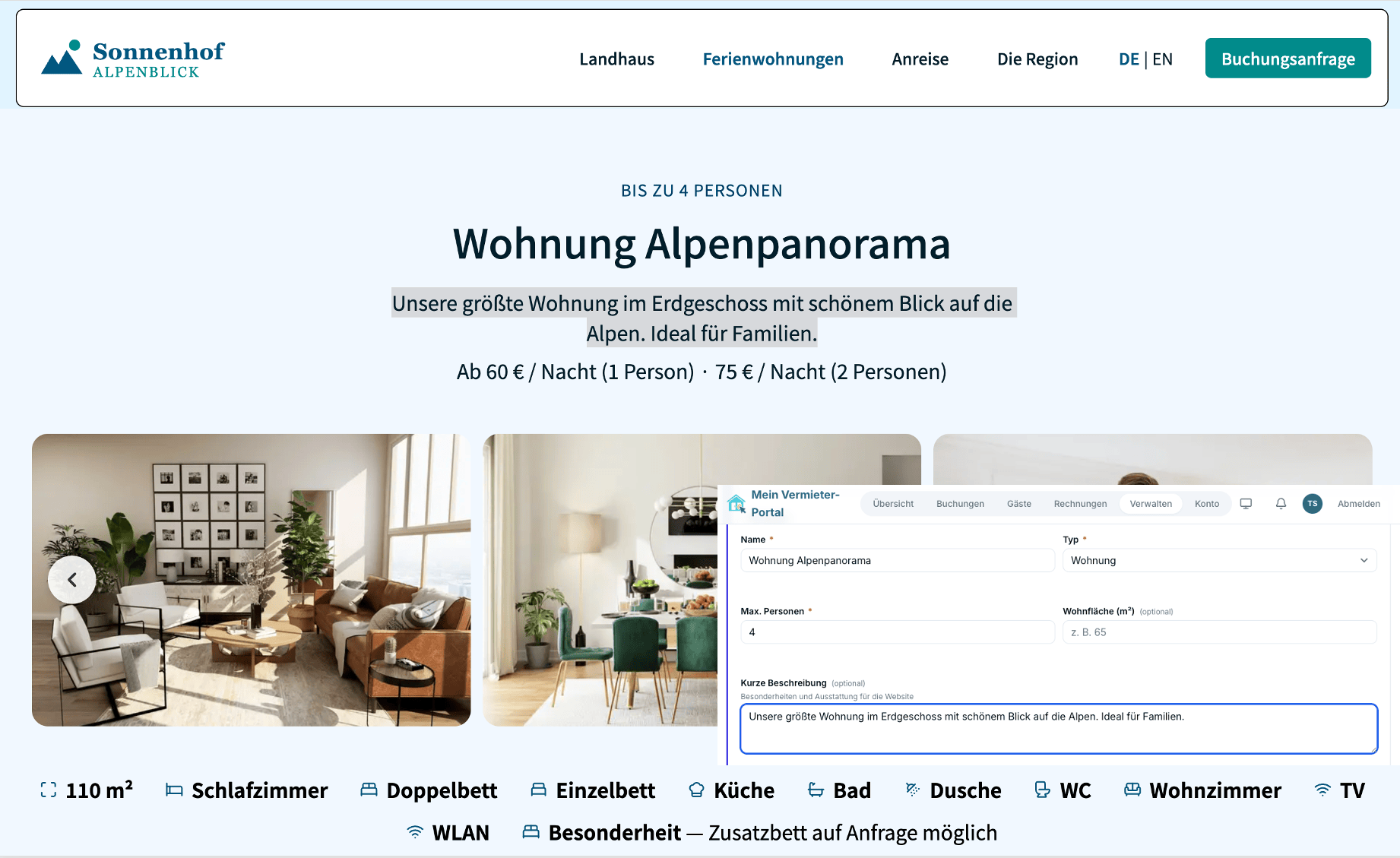 Screenshot of website editing in the host portal