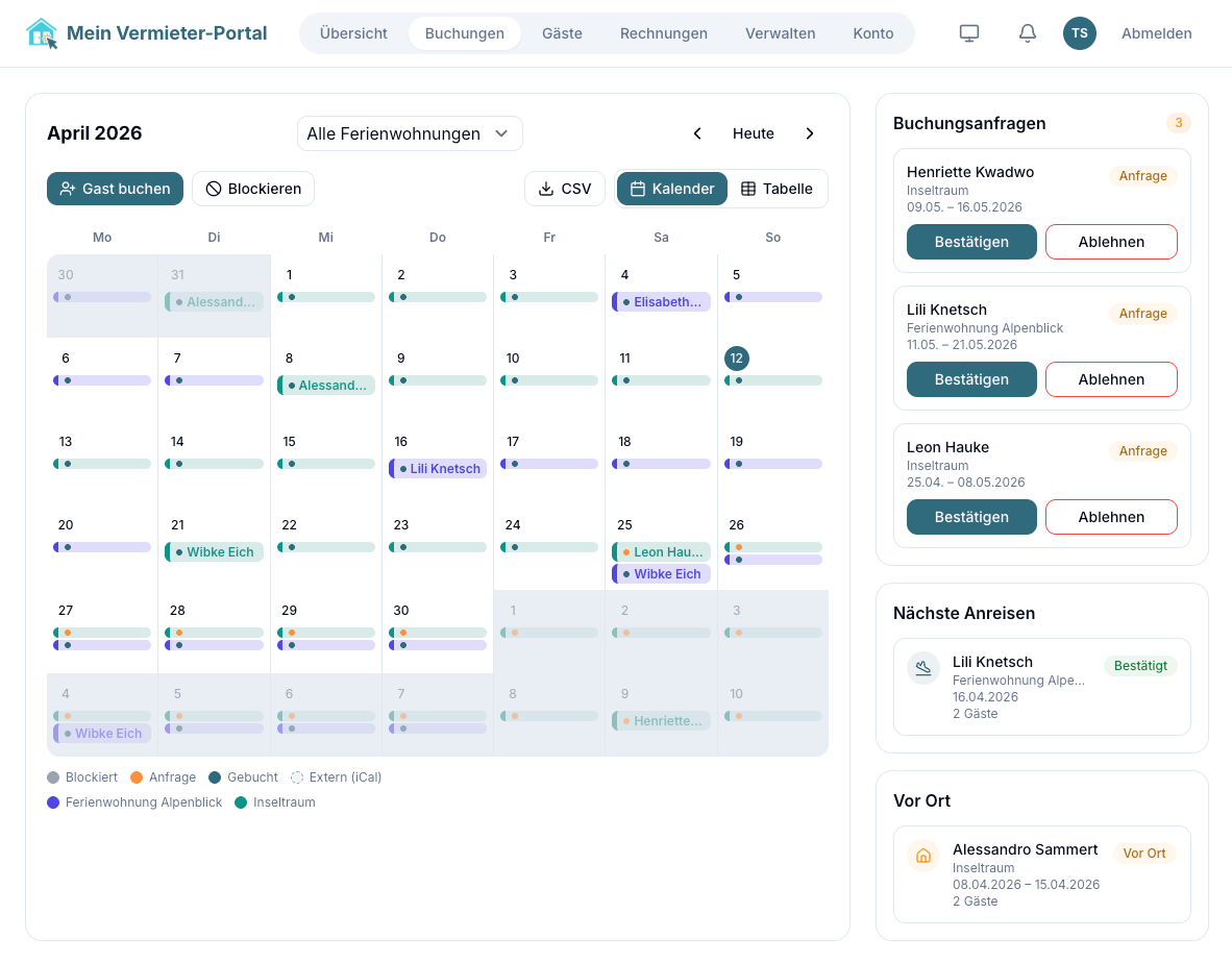Screenshot of booking management in the host portal