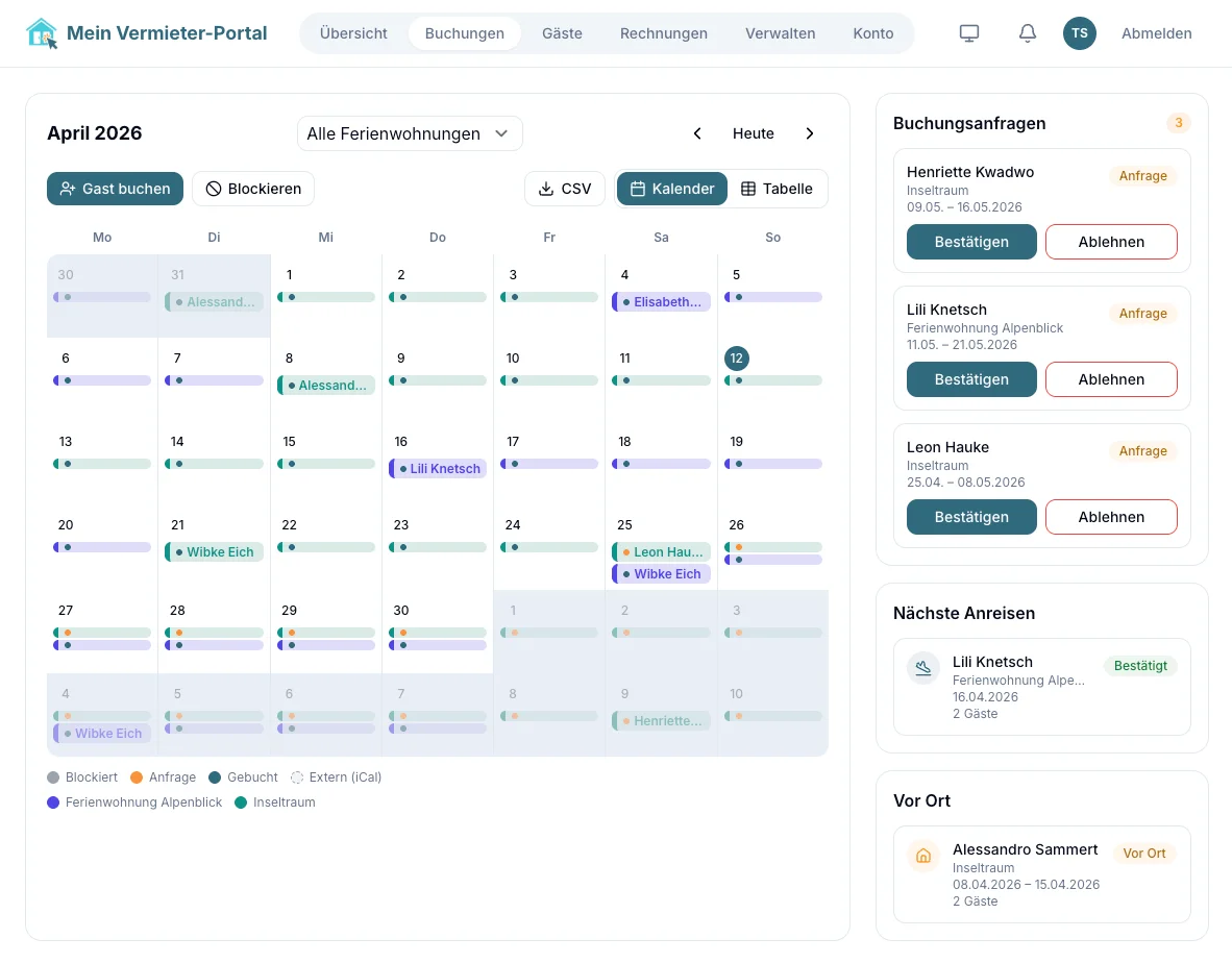 Screenshot of booking management in the host portal